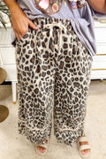 Khaki Exposed Seam Patched Pocket Plus Size Leopard Wide Leg Pants