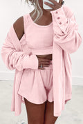 Light Pink Shirred Hem Crop Tank Top Loose Shorts Cardigan 3 Piece Pajama Set