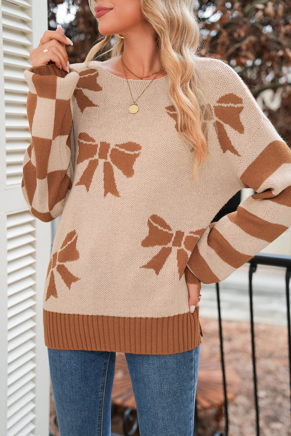 Straw Yellow Striped Checkered Sleeves Bow Print Knit Sweater