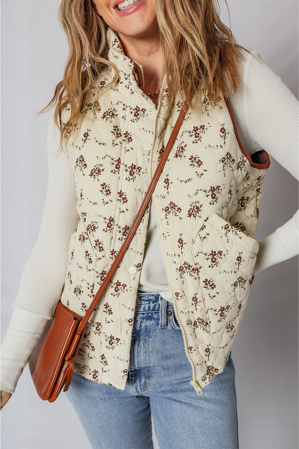 Apricot Floral Print Zip Up Quilted Warm Vest