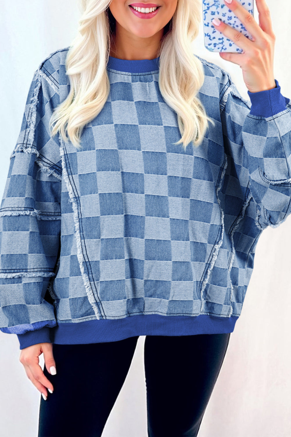 Sky Blue Checkerboard Splicing Raw Detail Oversized Denim Pullover