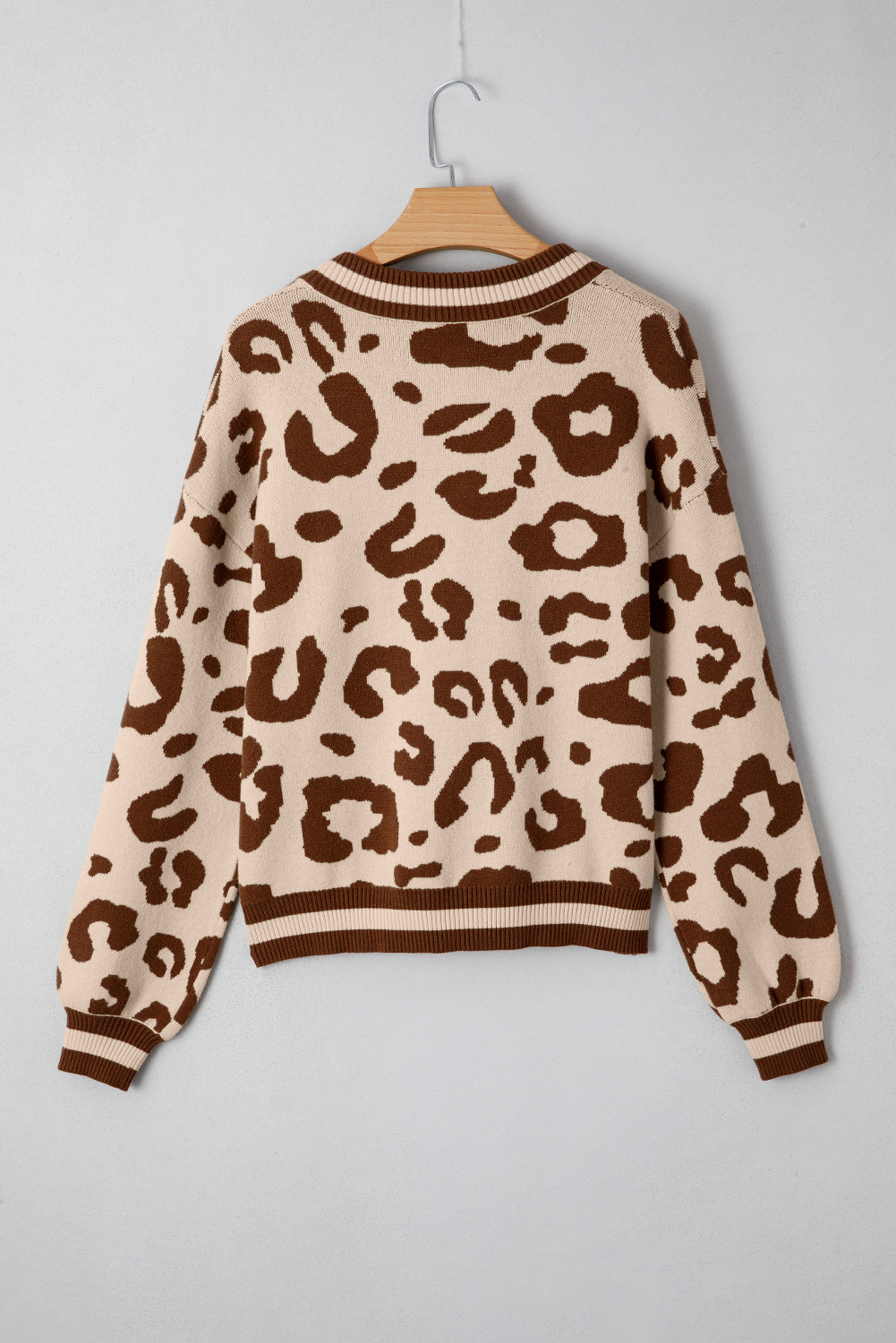 Light French Beige Leopard Printed Knit V Neck Sweater