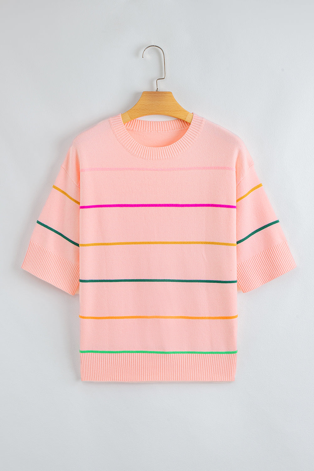 Pink Striped Half Sleeve Drop Shoulder Sweater
