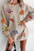 Smoke Gray Ribbed Fall Leaf Turkey Graphic Sequins Patch Baggy Sweatshirt