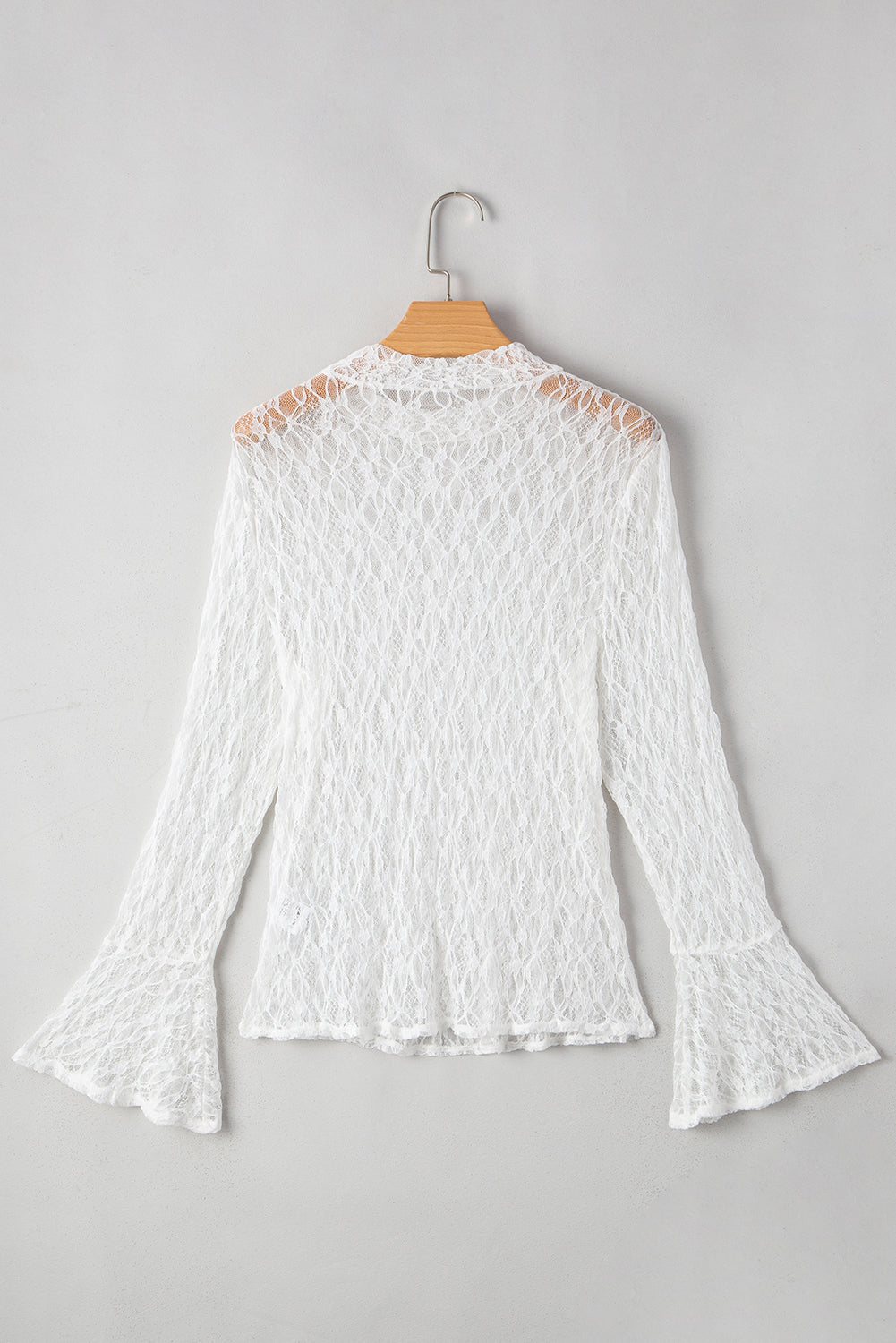 White Sheer Lace Bell Sleeve Mock Neck Blouse