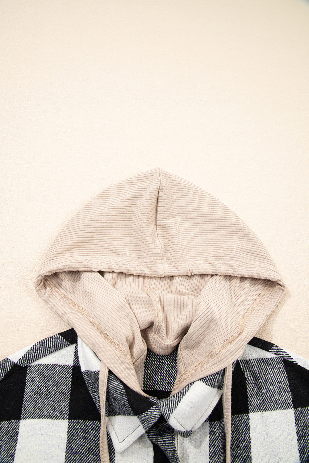 Black Plaid Patchwork Drawstring Hooded Raw Hem Shacket