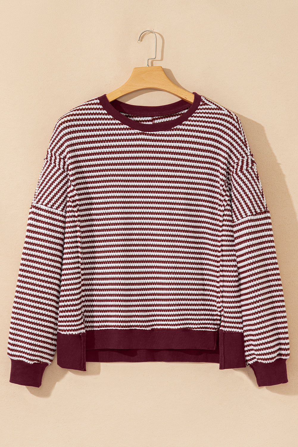 Red Stripe Ribbed Trim Drop Shoulder Long Sleeve Oversized Top