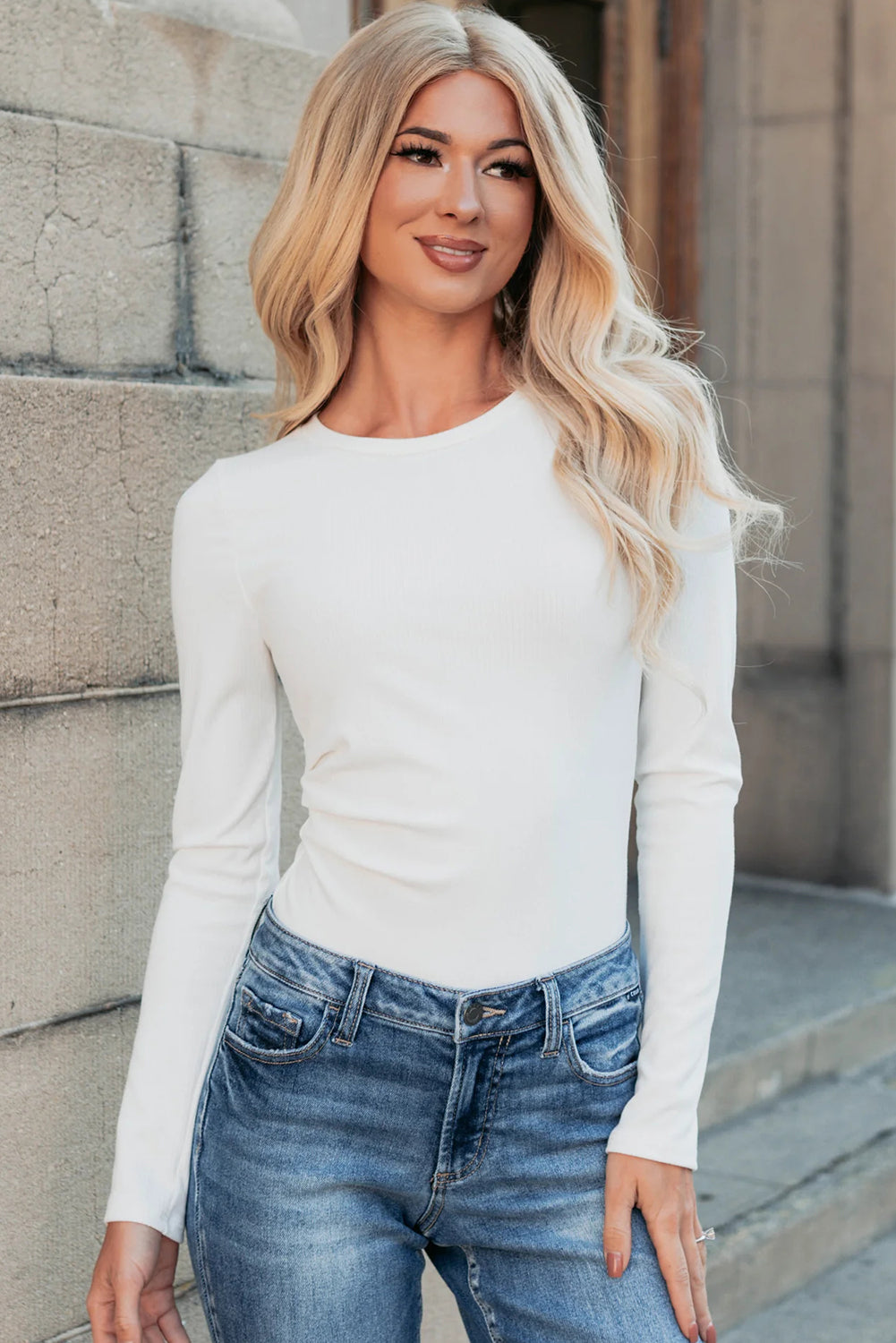 White Ribbed Long Sleeve Crew Neck Solid Color Bodysuit