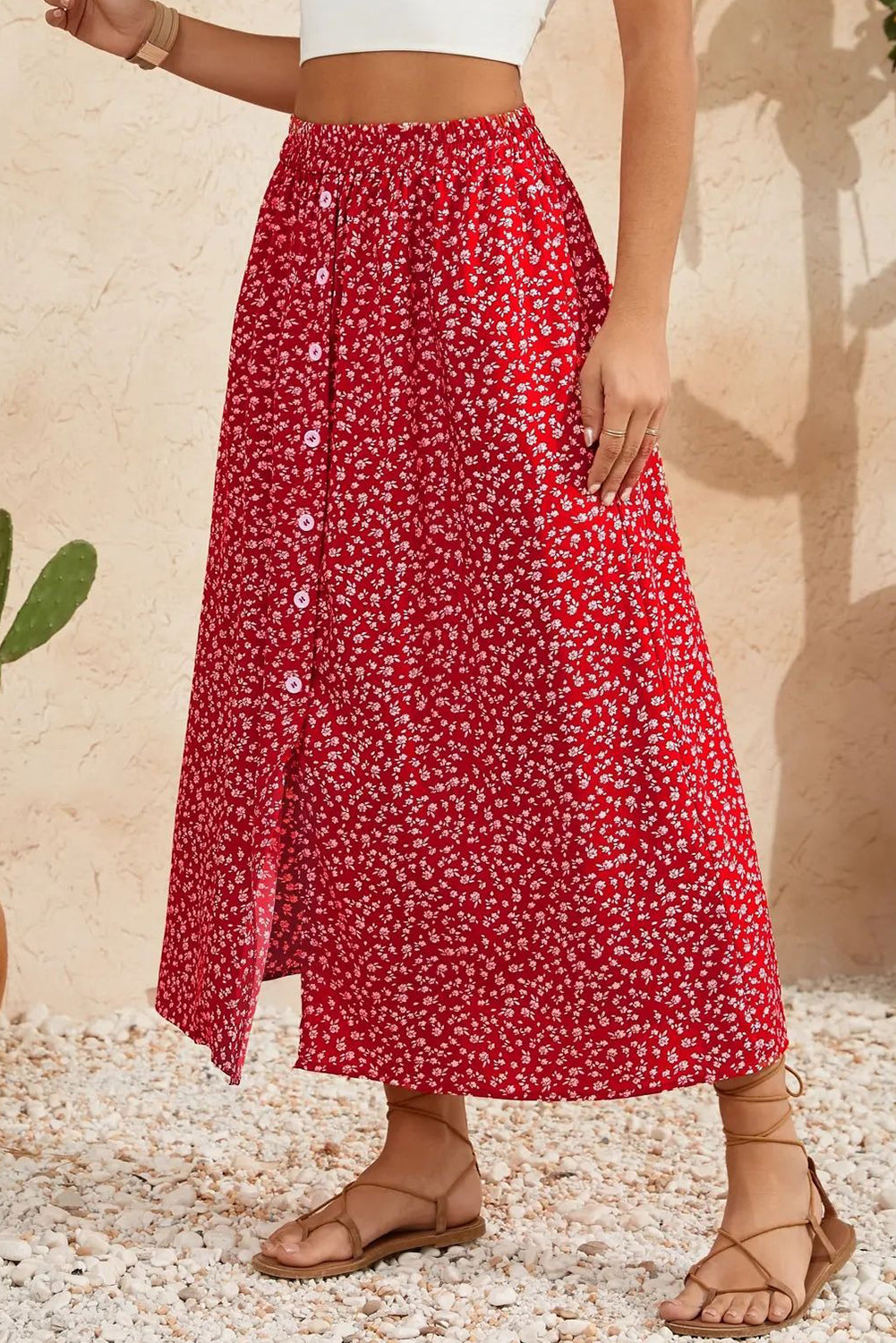 Red Floral Print Button Down Skirt