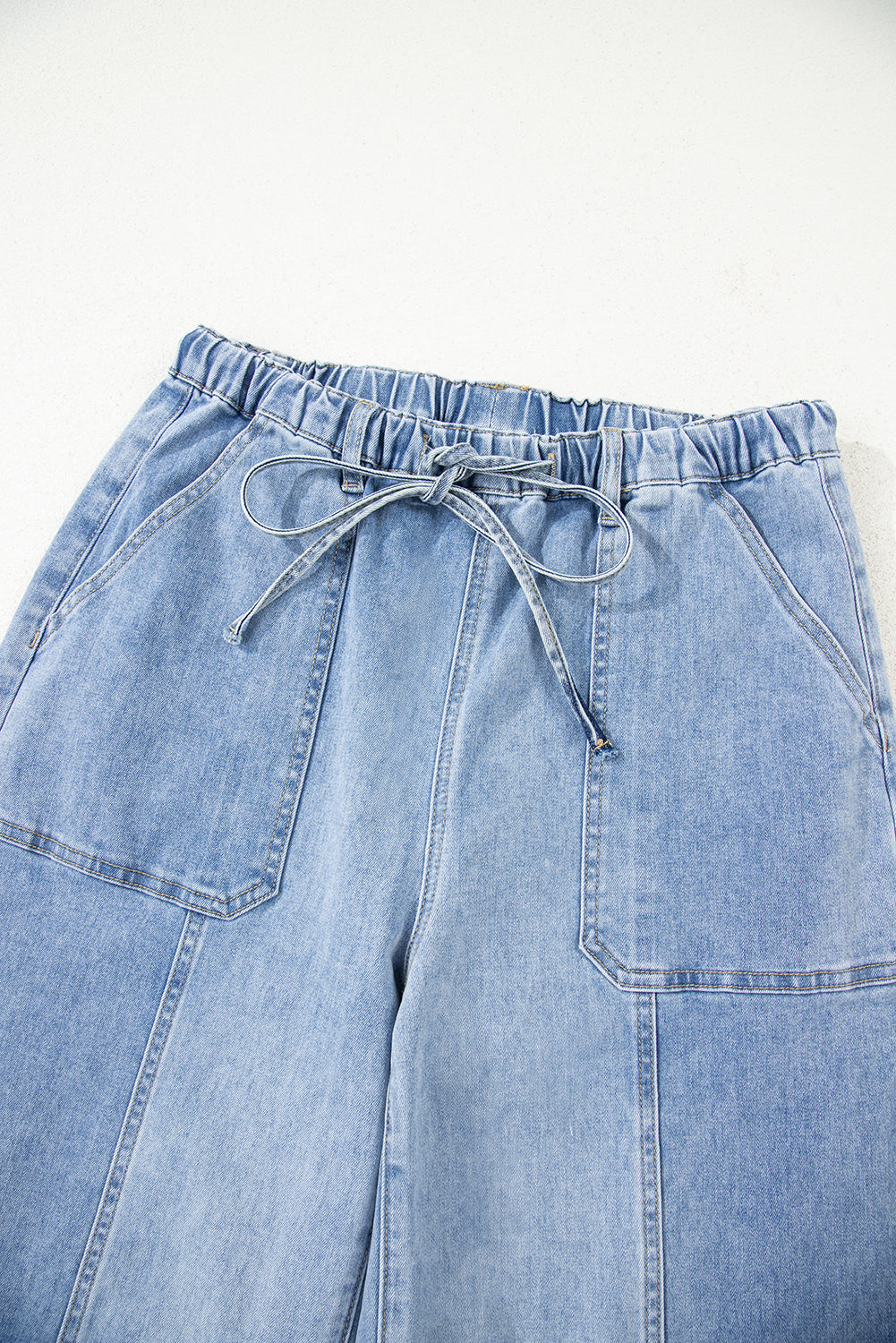 Beau Blue Drawstring Seam Detail Raw Hem Wide Leg Jeans