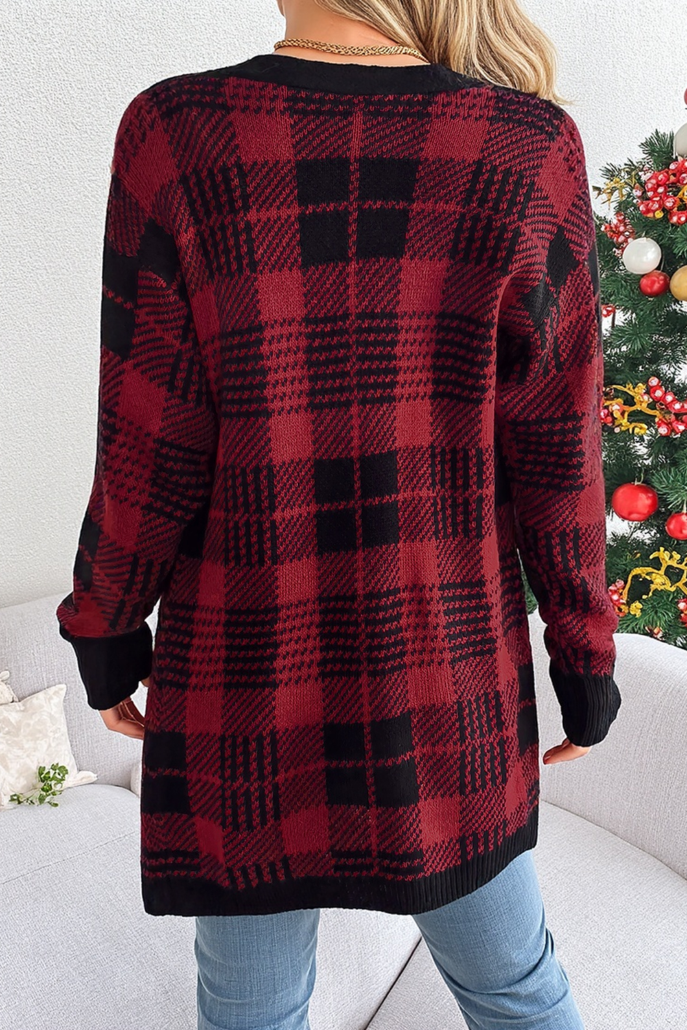 Burgundy Checkered Open Front Knit Cardigan