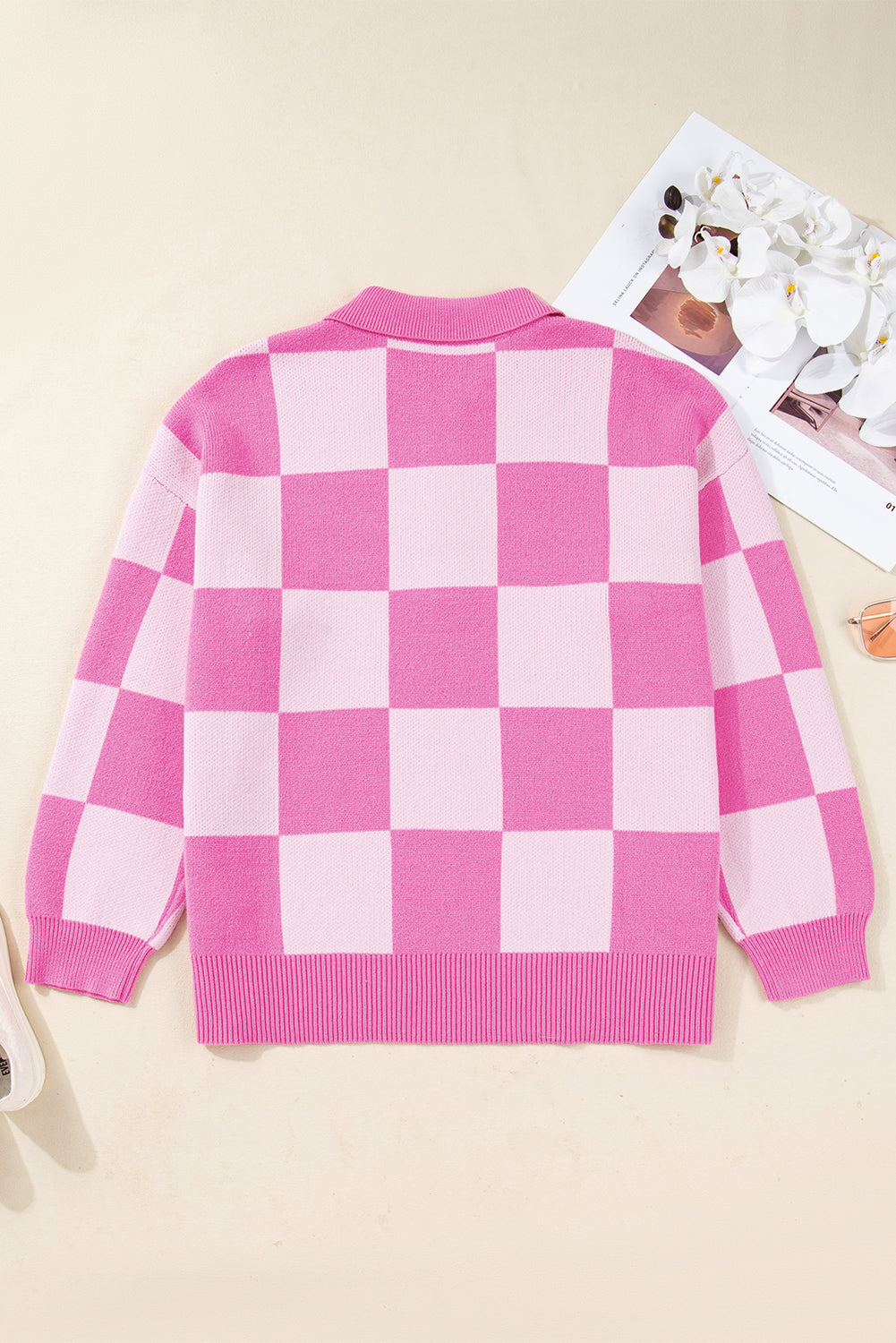 Pink Plus Size Checkered Collared Henley Sweater