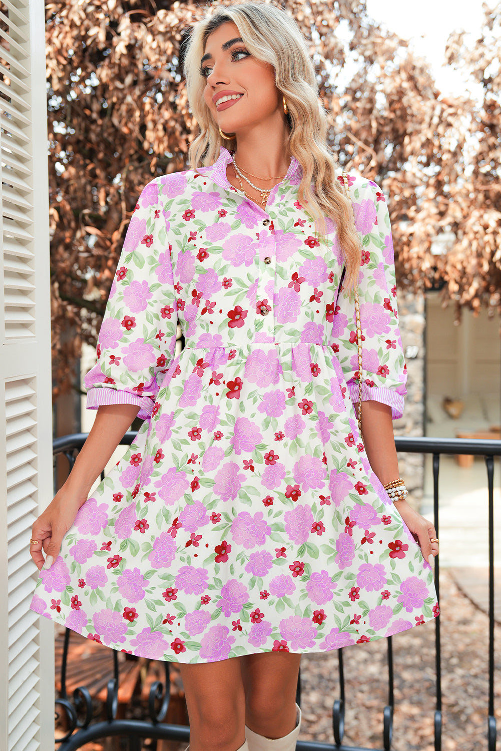 Pink Floral Print Striped Trim Flowy Mini Dress