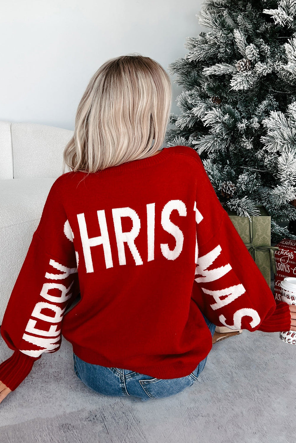 Fiery Red MERRY CHRISTMAS HO HO HO Drop Shoulder Loose Sweater