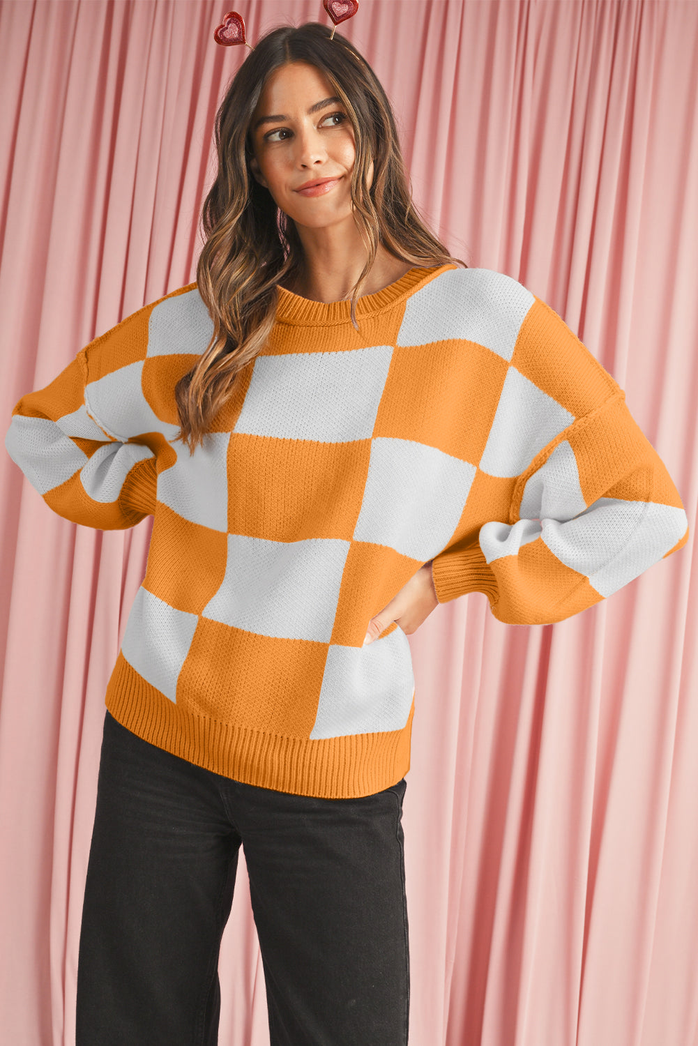 Orange & White Plaid Exposed Seam Bishop Sleeve Sweater