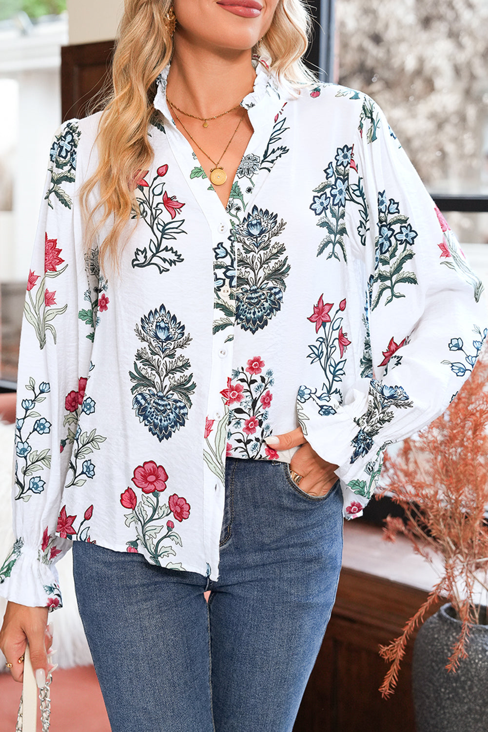 White Floral Print V Neck Loose Drop Sleeve Shirt