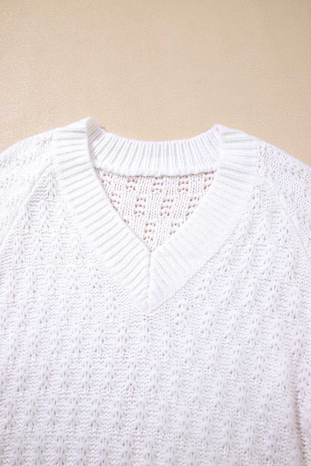 White Plain Knit Ribbed Edge V Neck Loose Sweater