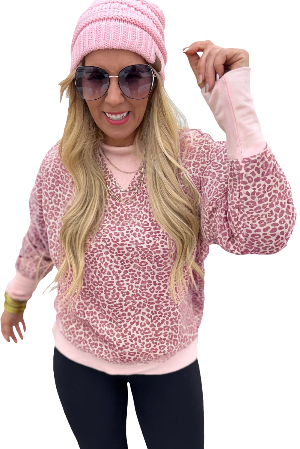 Pink Leopard Print Patchwork Crew Neck Sweatshirt