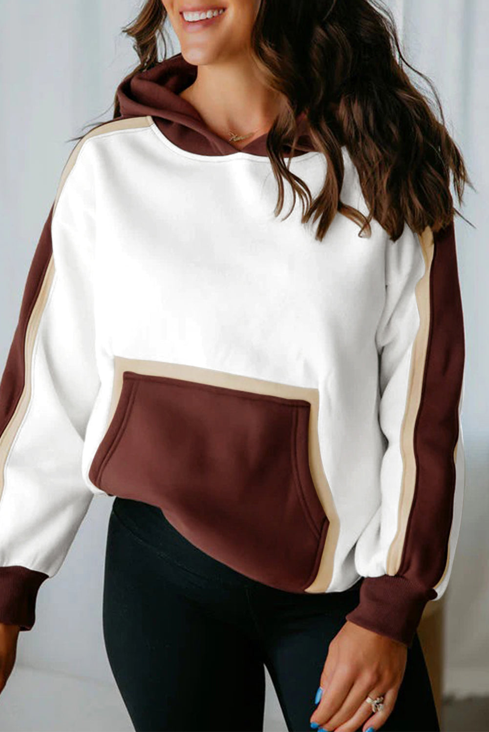 Coffee Colorblock Kangaroo Pocket Long Sleeve Hoodie
