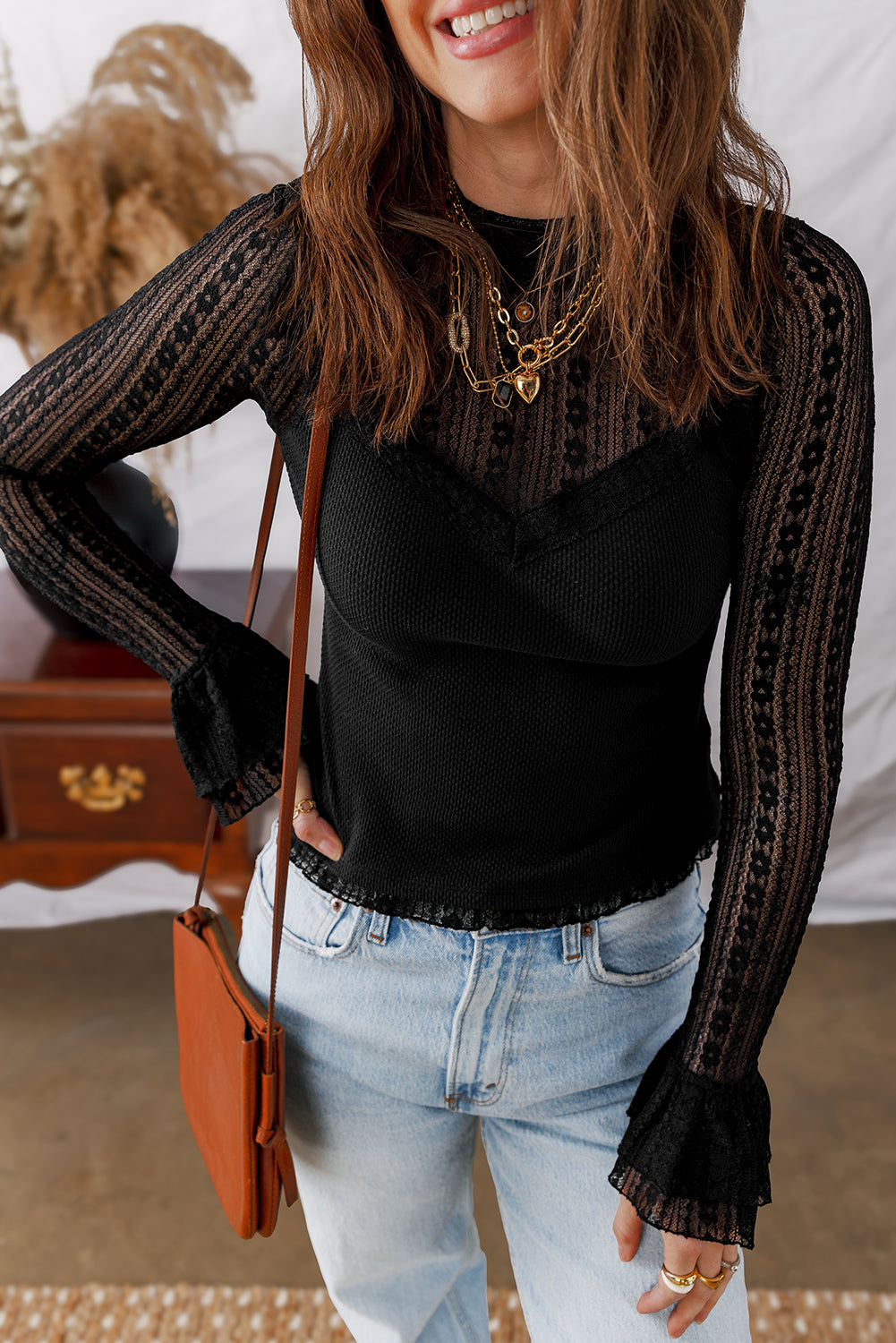 Black Floral Lace Patchwork Flounce Sleeve Slim Fit Top