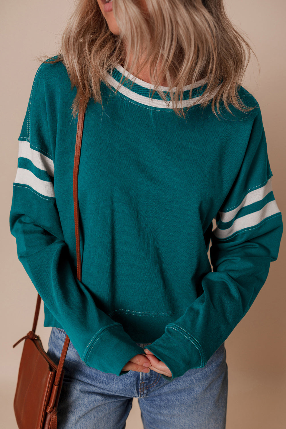Blackish Green Contrast Striped Patchwork Drop Shoulder Sweatshirt