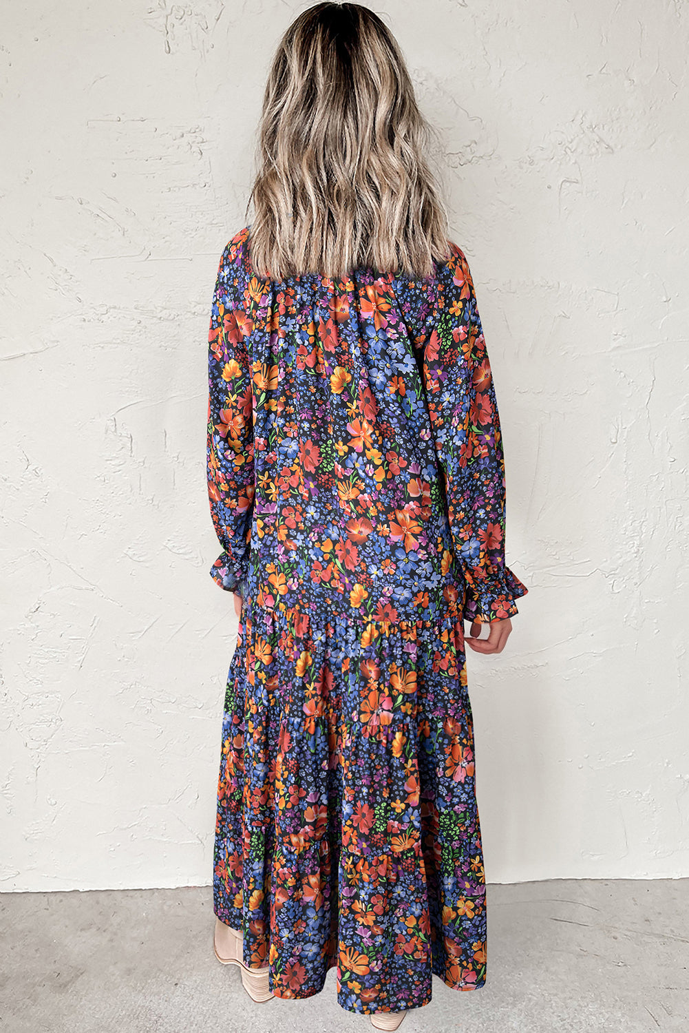 Blue Floral Print V Neck Long Sleeve Flowy Maxi Dress