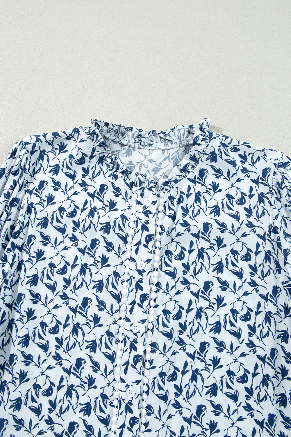 Blue Floral Print Lace Detail Puff Sleeve Shirt