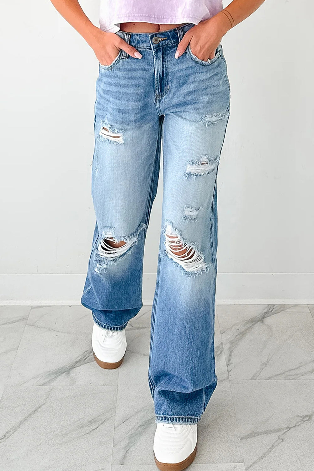 Myosotis Mid Rise Distressed Straight Leg Jeans