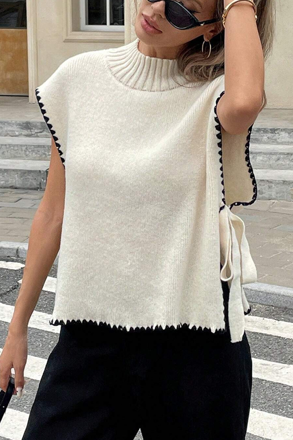 Beige Ric Rac Trim Side Knot Knit Sleeveless Top