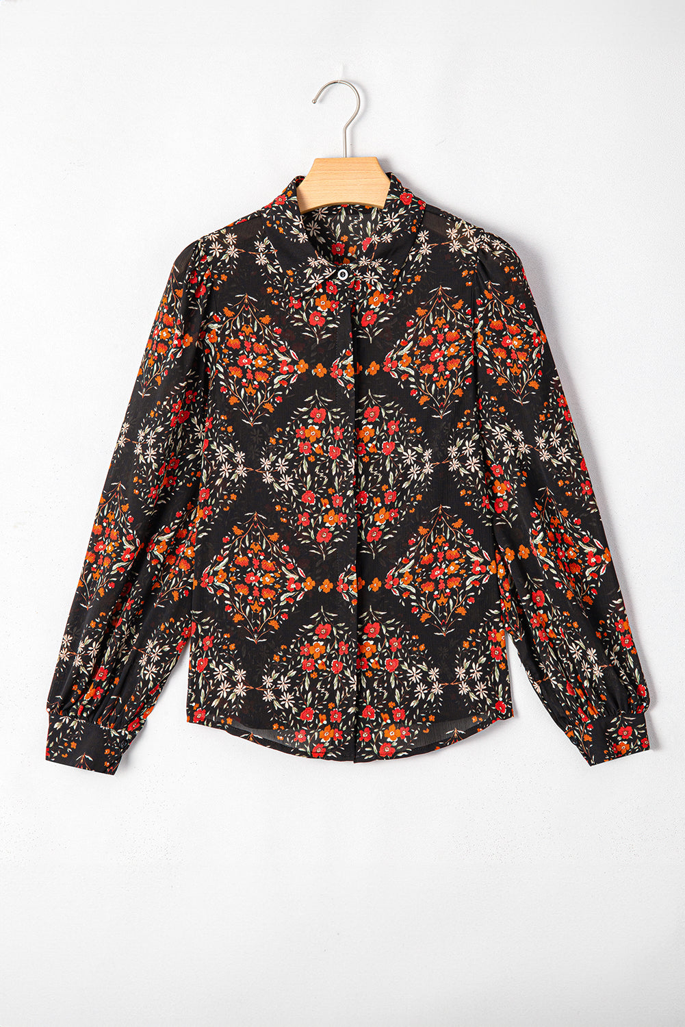 Black Floral Print Collared Button Up Puff Sleeve Shirt