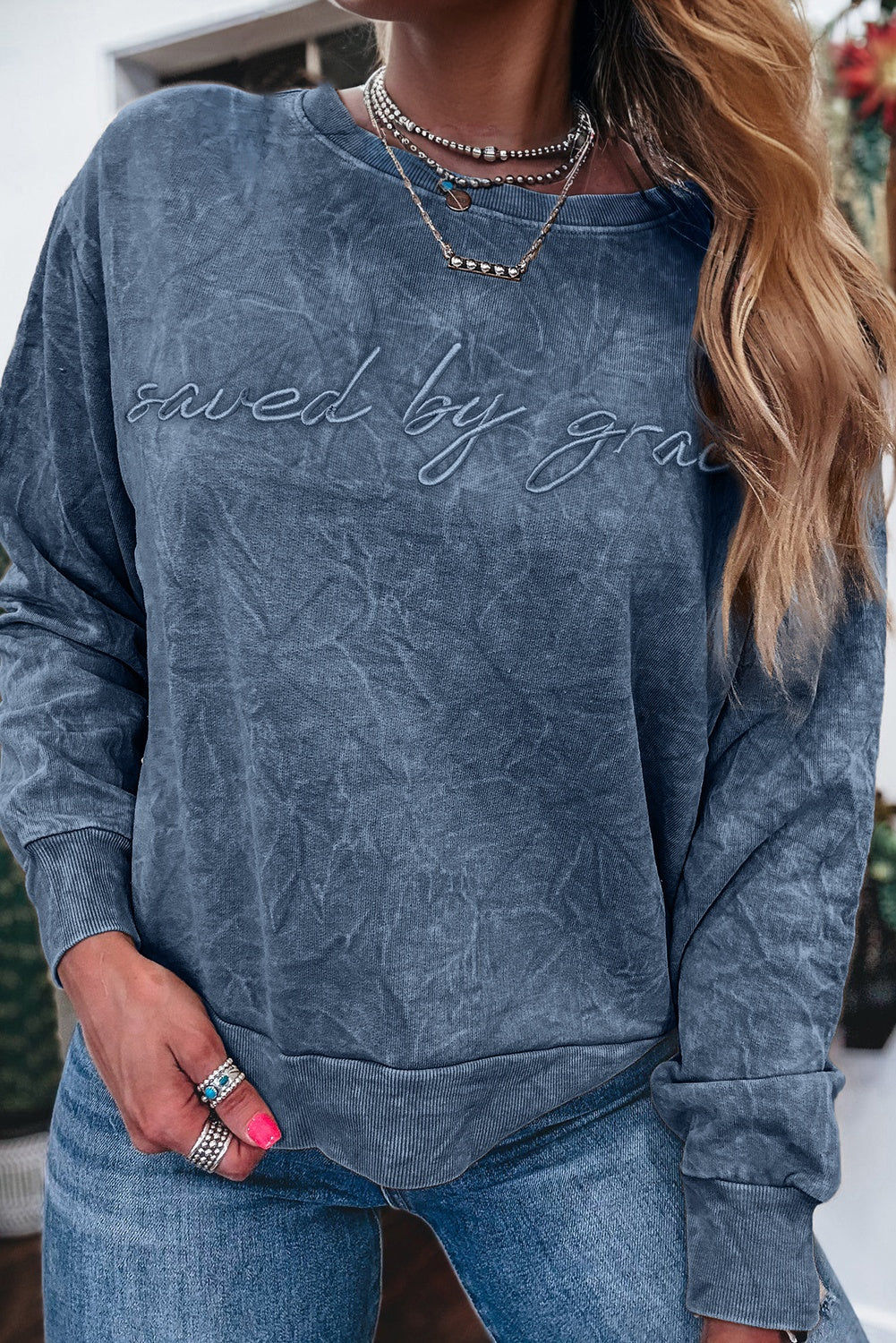 Real Teal saved by grace Letter Embroidery Mineral Wash Loose Sweatshirt
