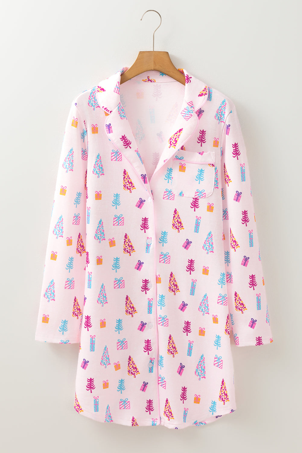 Pink Christmas Twinkle Tree Print Casual Shirt Sleep Dress