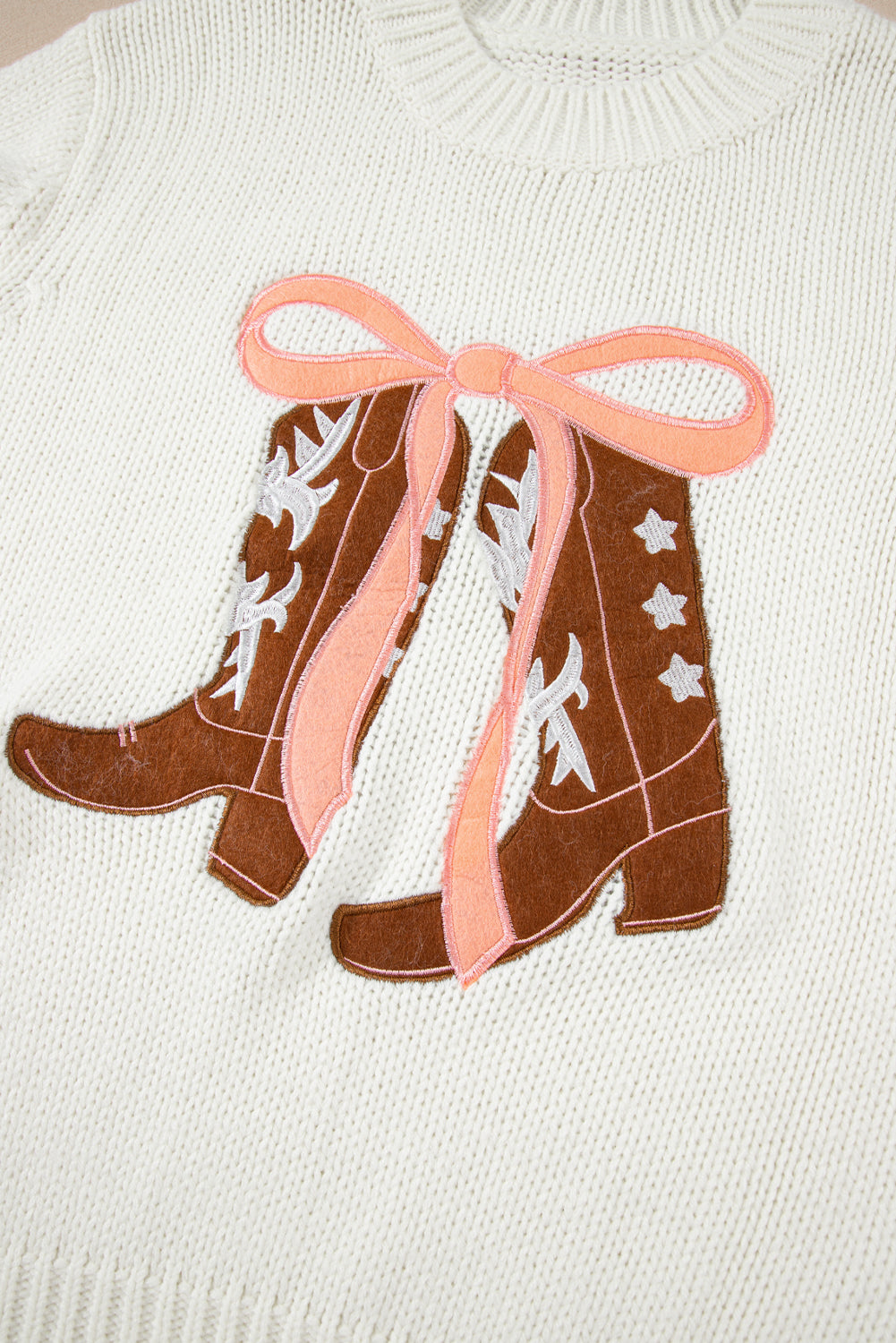 White Embroidered Bow Boots Graphic Drop Shoulder Sweater