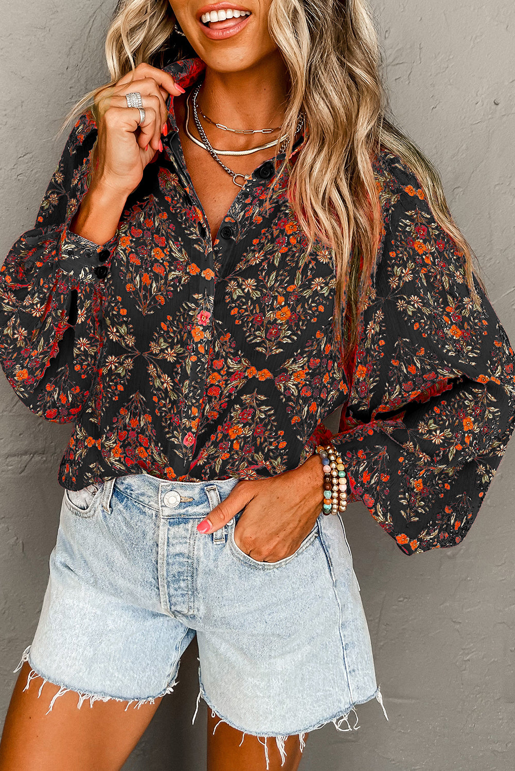 Black Floral Print Collared Button Up Puff Sleeve Shirt