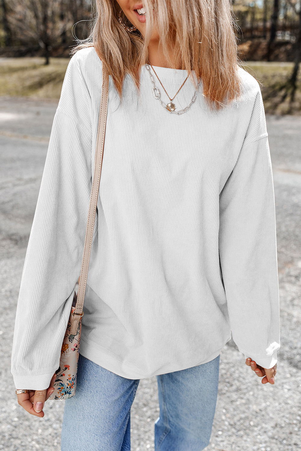 White Drop Shoulder Rib Knit Oversized Sweatshirt