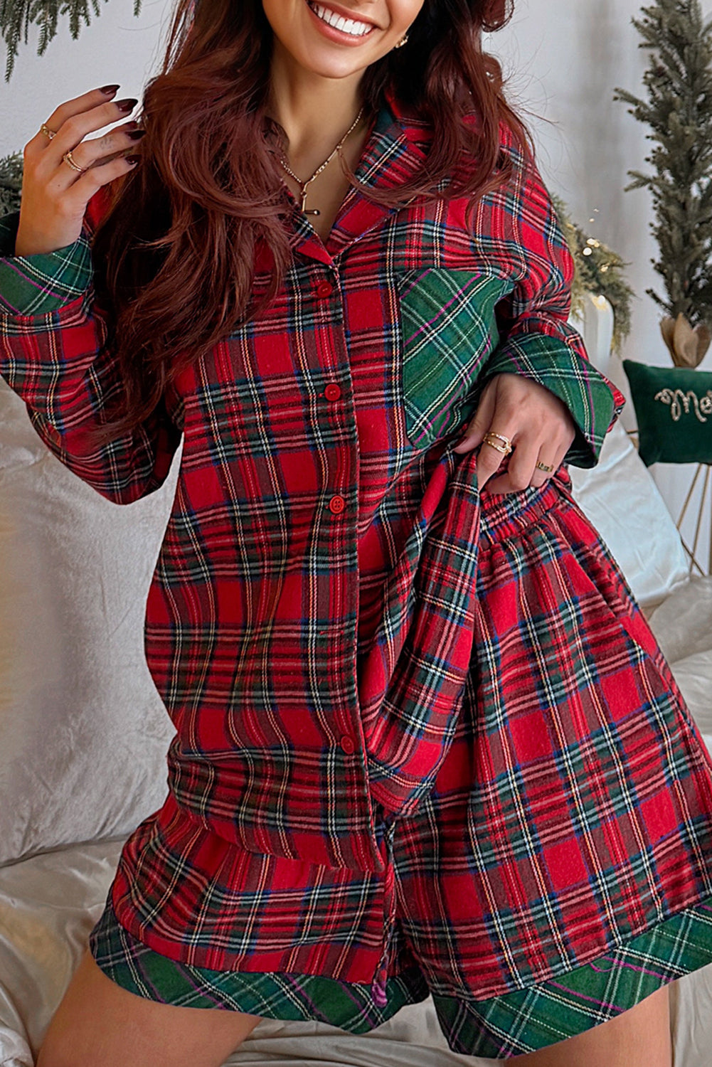Red Plaid Contrast Color Christmas Holiday Long Sleeve Shirt and Shorts Pajama Set