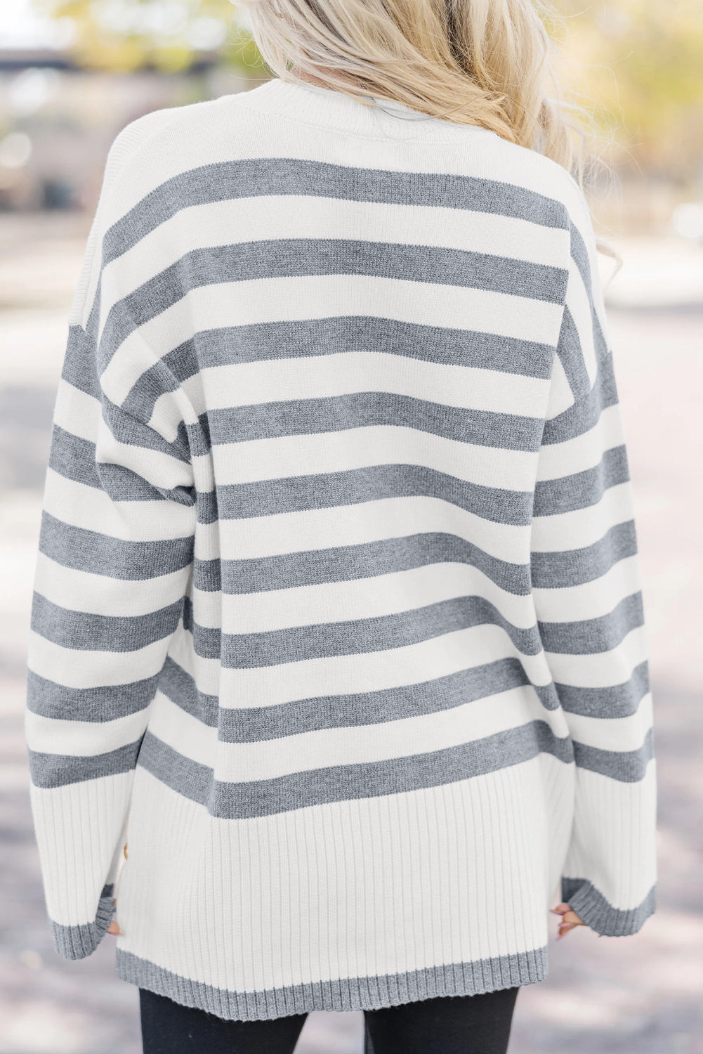 Gray Stripe Ribbed Buttoned Detail Drop Shoulder Tunic Sweater
