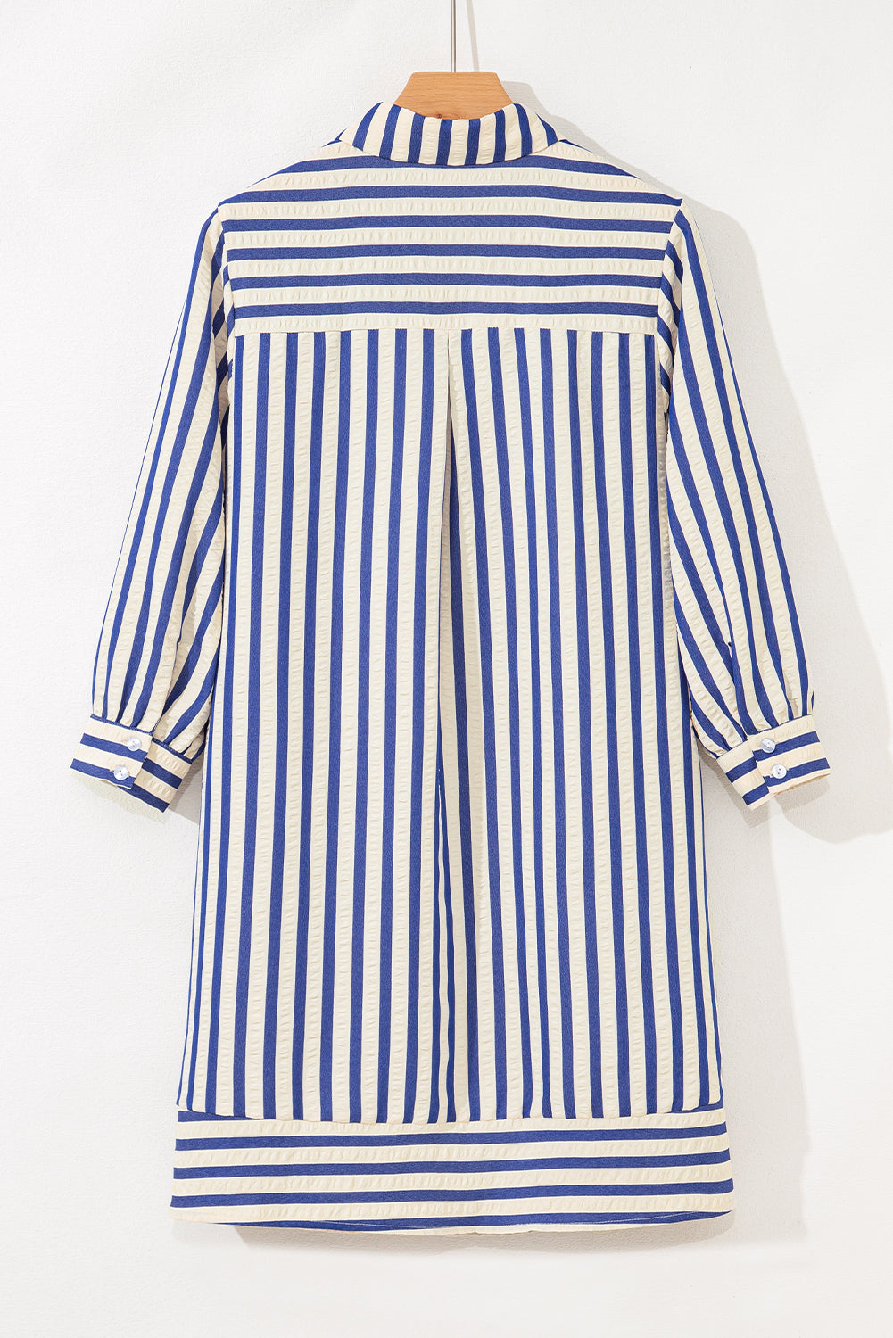 Blue Striped Collared Half Button Side Pockets Loose Fit Mini Dress