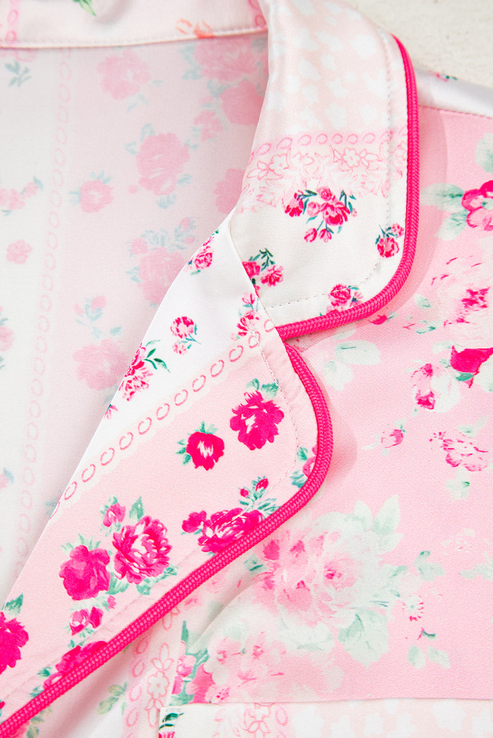 Pink Mixed Floral Print Contrast Piping Trim Satin Tie Pajama Set