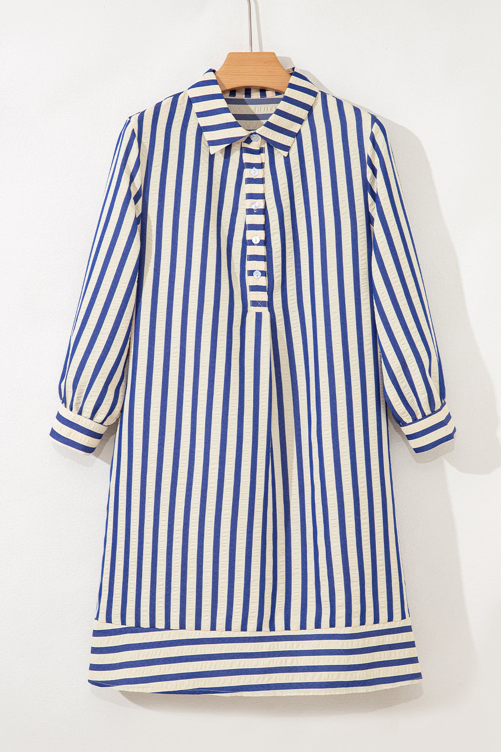 Blue Striped Collared Half Button Side Pockets Loose Fit Mini Dress