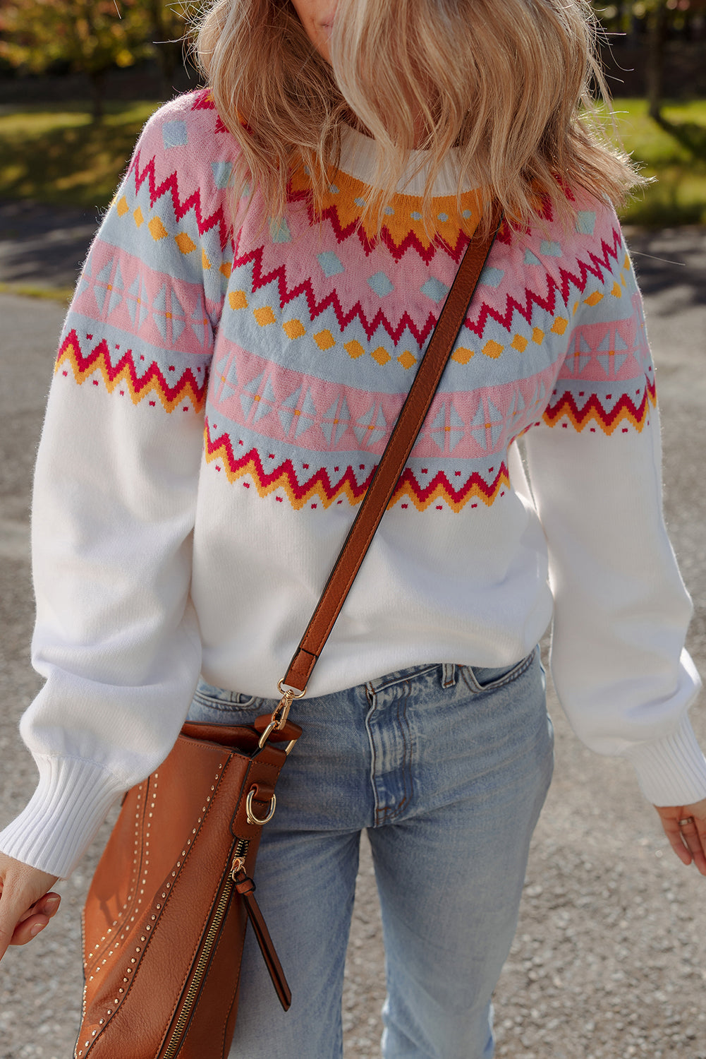 White Ethnic Geometric Colorblock Pattern Drop Shoulder Sweater