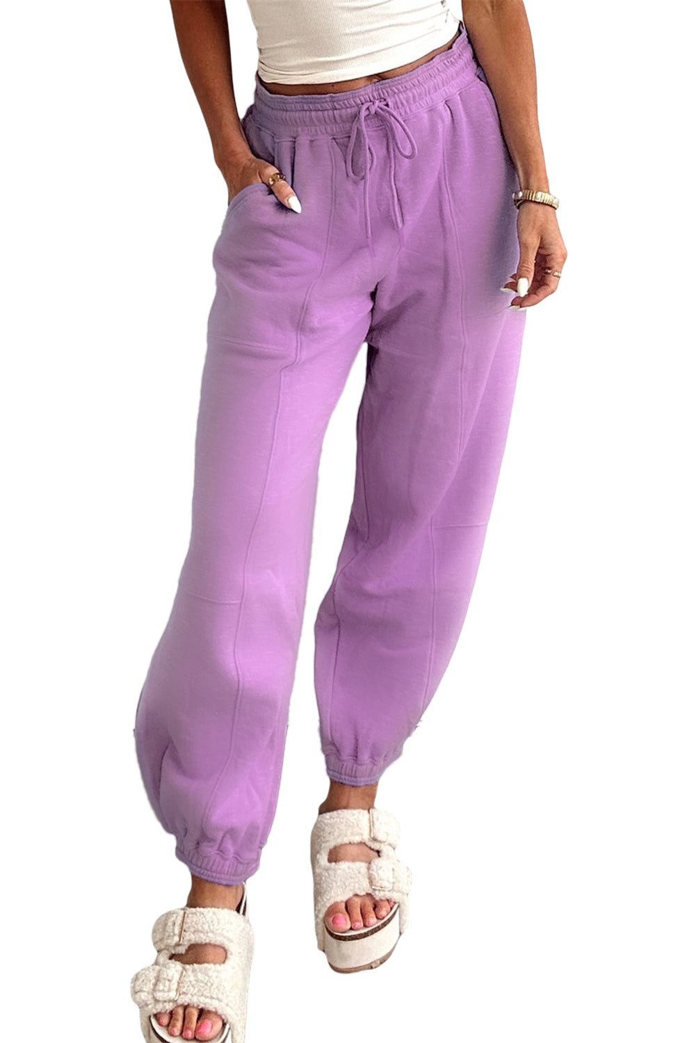 Lilac Tie Elastic Waist Solid Color Patchwork Jogger Pants