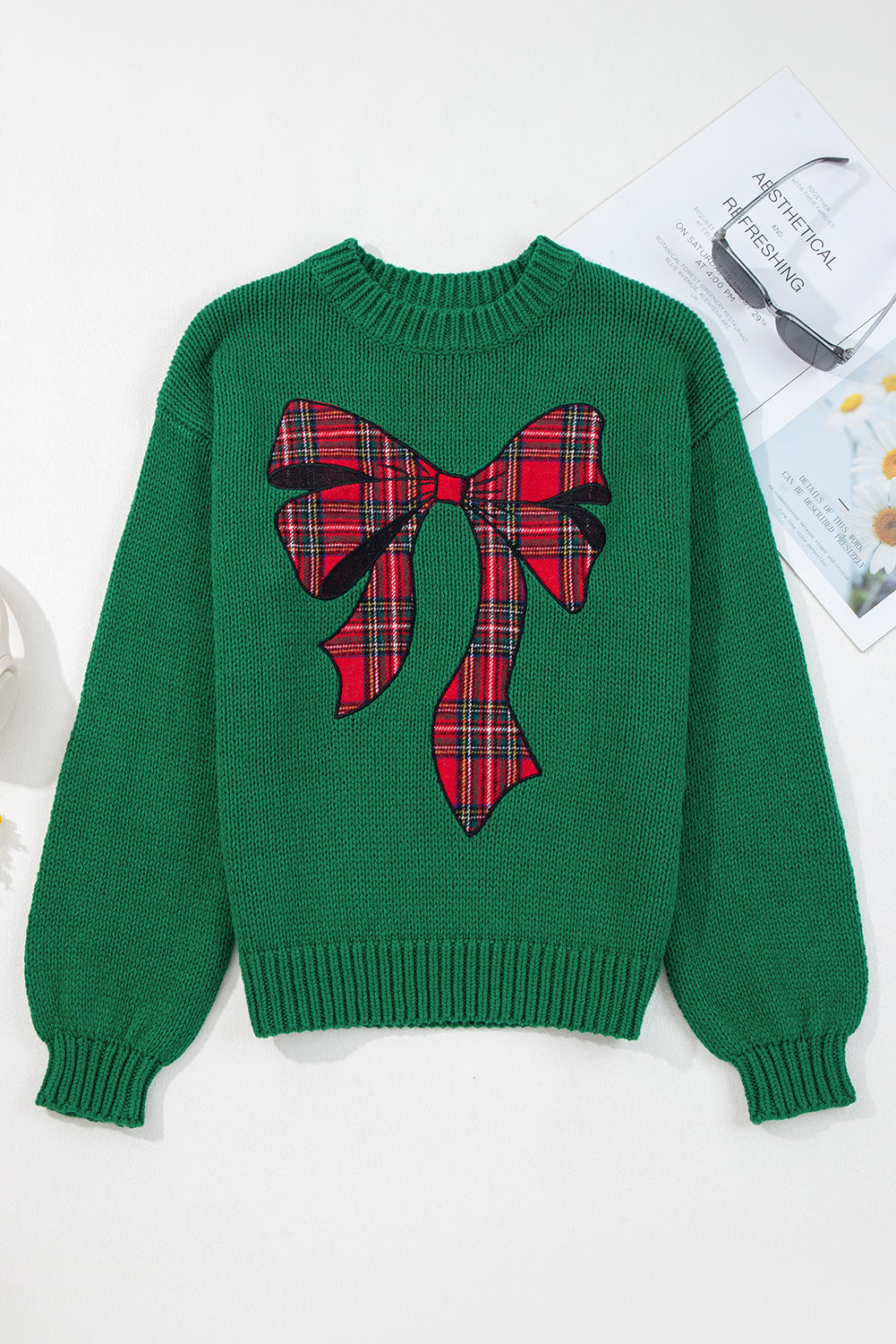 Evergreen Plaid Bow Graphic Christmas Sweater