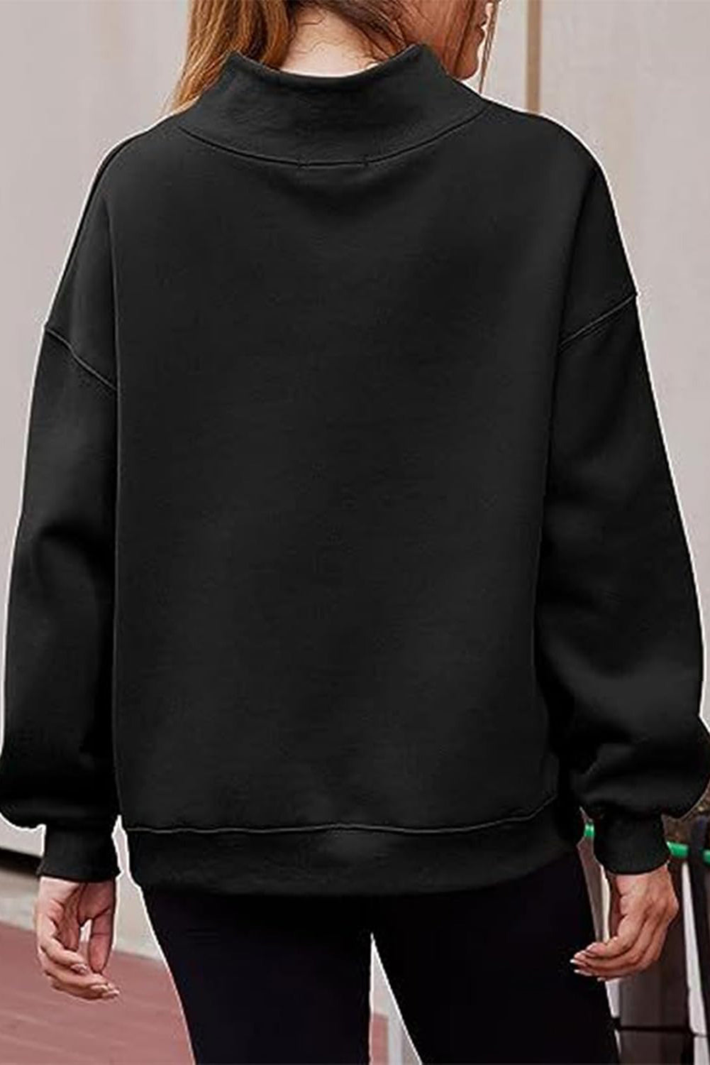 Black Solid Color High Neck Long Sleeve Loose Sweatshirt
