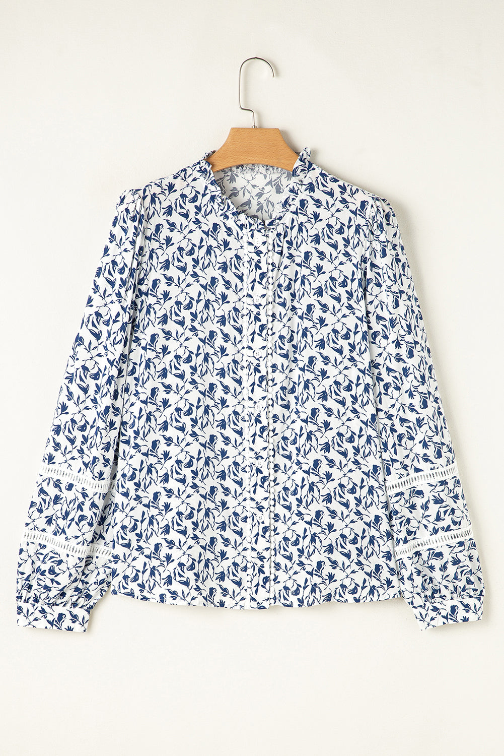 Blue Floral Print Lace Detail Puff Sleeve Shirt