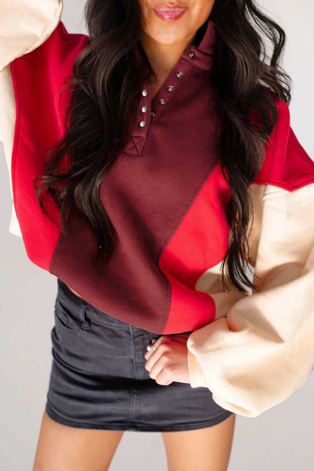 Fiery Red Colorblock Patchwork Oversized Sweatshirt