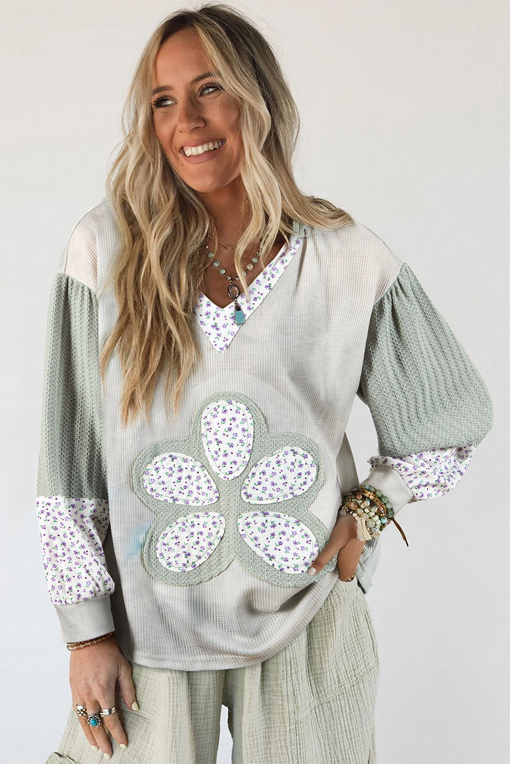 Green Tie-dye Floral Textured Colorblock Patchwork Lantern Sleeve Hooded Top