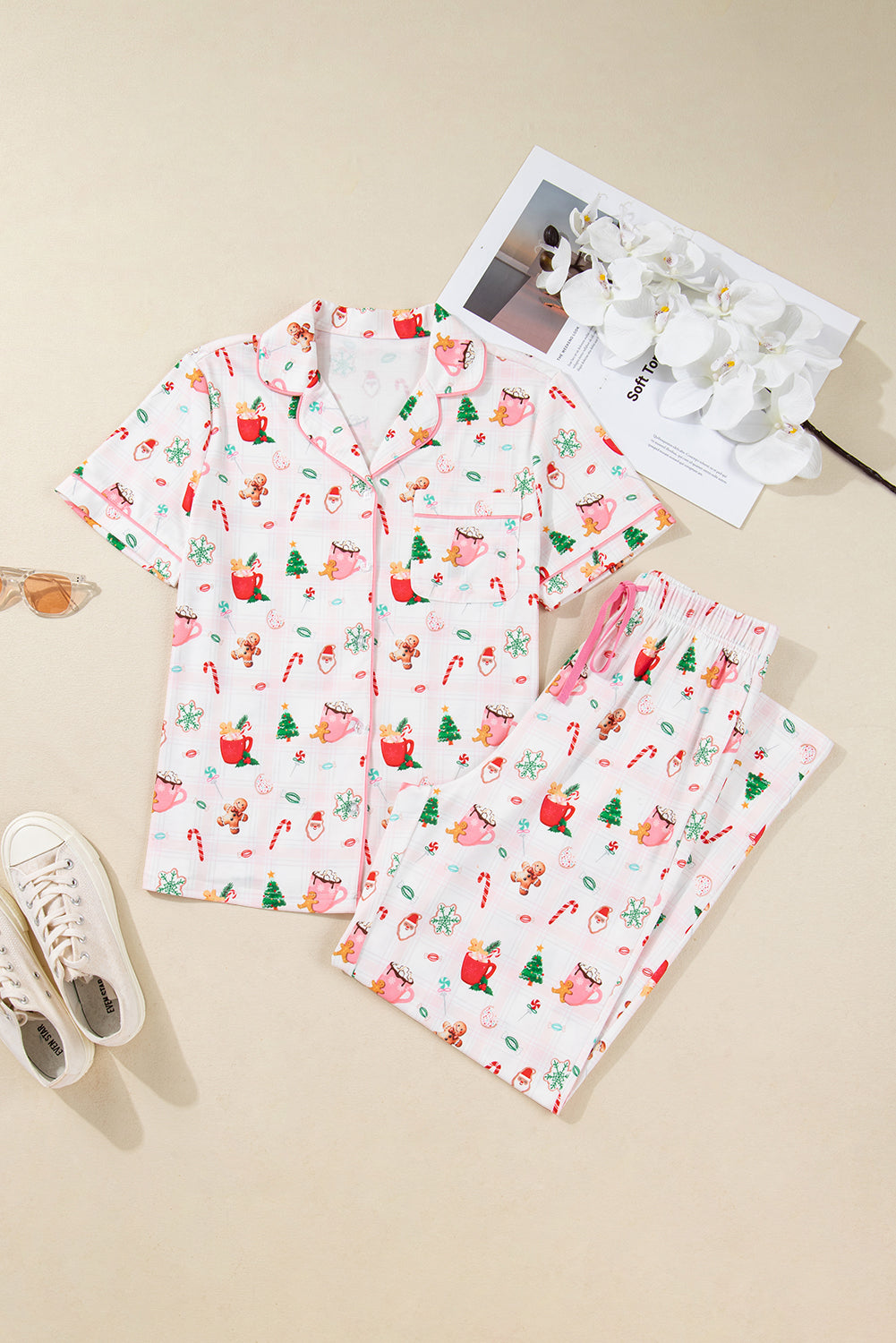 Pink Christmas Spirit Cute Holiday Print Short Sleeve Shirt and Pants Pajama Set
