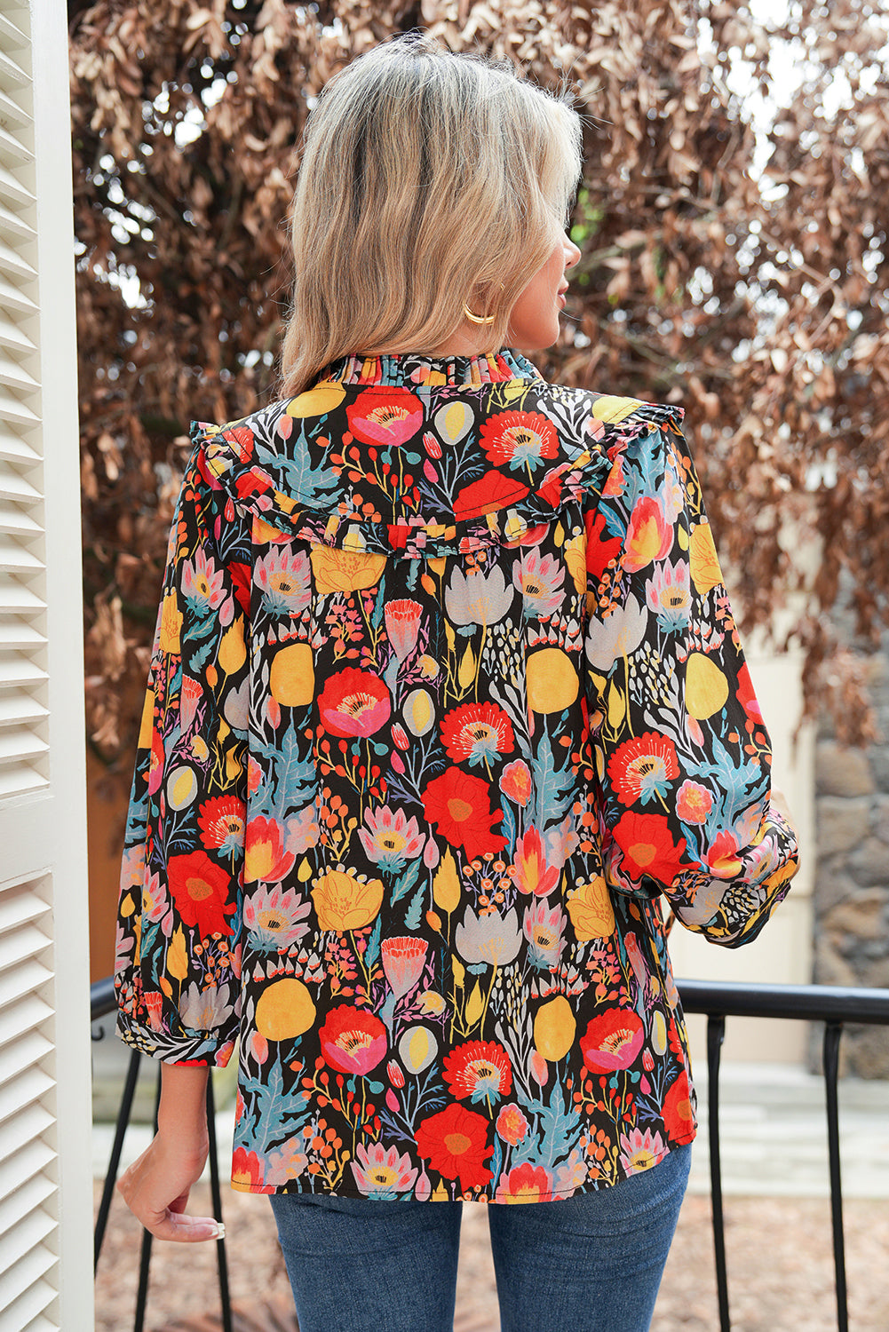 Black Floral Print 3/4 Puff Sleeve Frill Neck Blouse