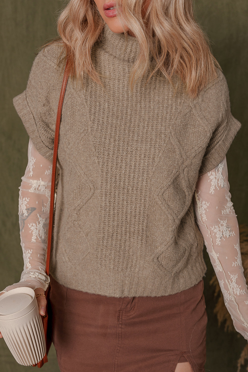 Smoke Gray Textured Knit Mock Neck Short Sleeve Sweater